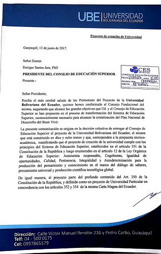 Rector del ITB entrega documento para la creación de la UNIVERSIDAD BOLIVARIANA DEL ECUADOR (UBE)
