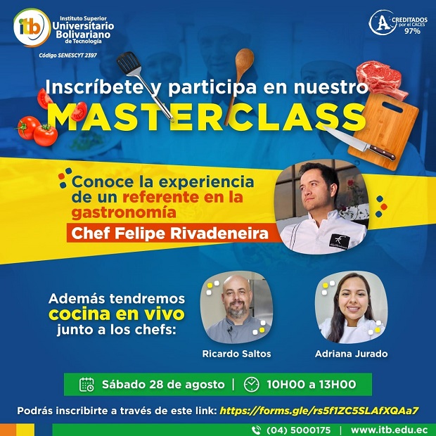 ¿Te interesa conocer más sobre el mundo de la gastronomía? Participa en nuestro MASTERCLASS junto al Chef Felipe Rivadeneira