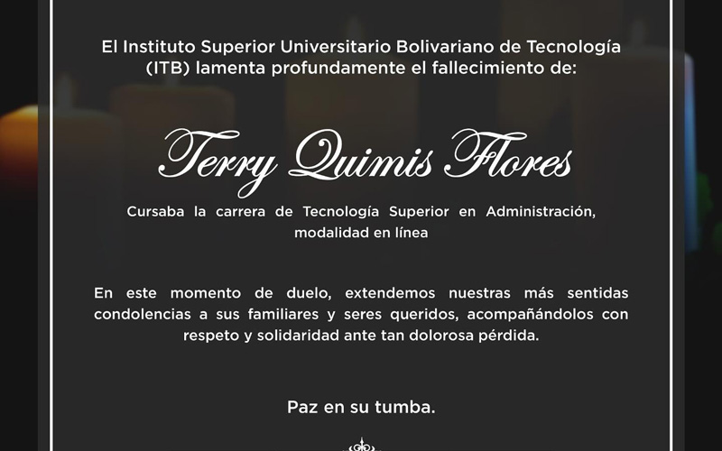 El ITB lamenta profundamente el fallecimiento de Terry Quimis Flores