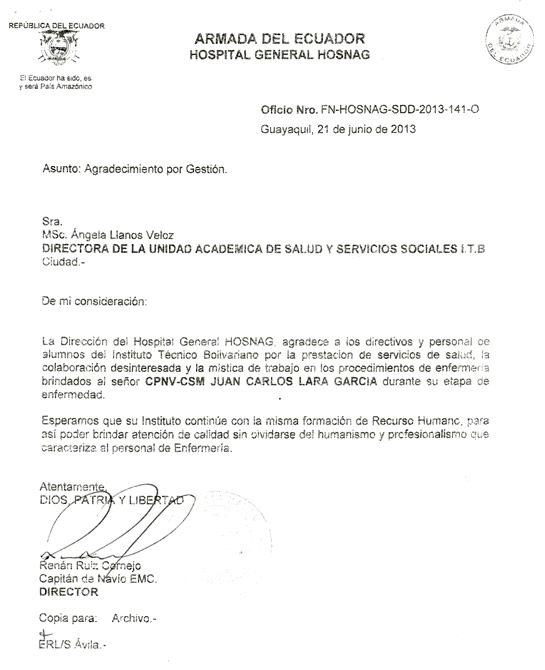 El Hospital General HOSNAG de la Armada del Ecuador mediante oficio agradece a la Dirección de la UASSS, por la gestión y prestación de servicios