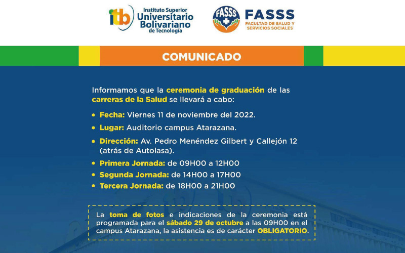 Informamos que la ceremonia de graduación de las carreras de salud se llevará a cabo: 11 de noviembre