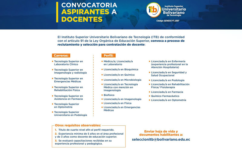 Únete al Instituto Superior Universitario Bolivariano de Tecnología y ayúdanos a formar a los profesionales del futuro